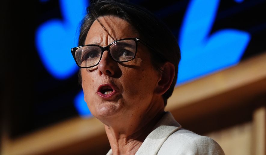 Director of GCHQ Anne Keast-Butler delivers her inaugural annual lecture Wednesday, May 27, 2026, at Bletchley Park, Buckinghamshire, Britain. (Jacob King/PA via AP)