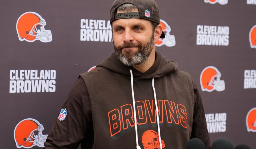 Mike Rutenberg, Cleveland Browns defensive coordinator, speaks after the NFL football team's practice, Wednesday, May 27, 2026, in Berea, Ohio. (AP Photo/Sue Ogrocki)