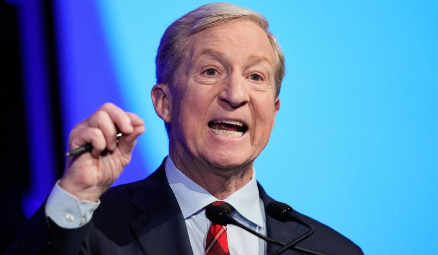 Tom Steyer speaks during a California gubernatorial debate hosted by CBS Bay Area and the San Francisco Examiner in San Francisco, Thursday, May 14, 2026. (AP Photo/Godofredo A. Vásquez, Pool)