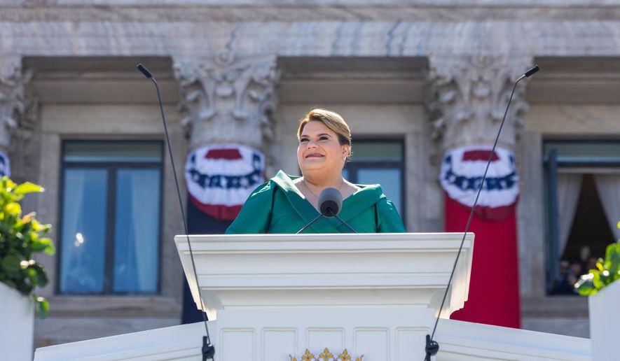 Jenniffer Gonzalez Colon speaks after she was sworn in as governor outside the Capitol in San Juan, Puerto Rico, Jan. 2, 2025. (AP Photo/Alejandro Granadillo, File)