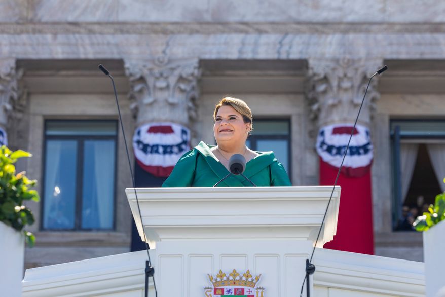 Jenniffer Gonzalez Colon speaks after she was sworn in as governor outside the Capitol in San Juan, Puerto Rico, Jan. 2, 2025. (AP Photo/Alejandro Granadillo, File)