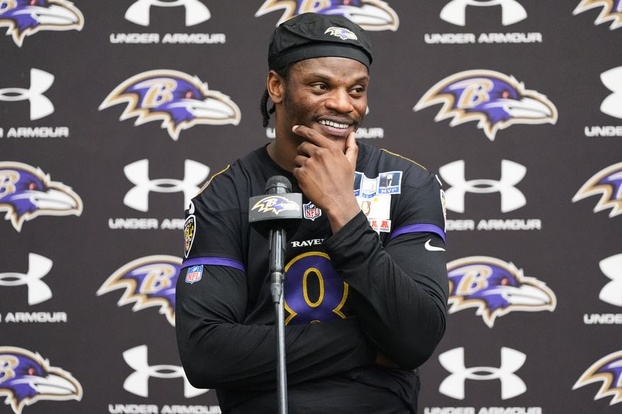 Baltimore Ravens quarterback Lamar Jackson (8) speaks during a press conference after the team's NFL football practice, Wednesday, May 27, 2026, at the Under Armour Performance Center in Owings Mills, Md. (AP Photo/Stephanie Scarbrough)