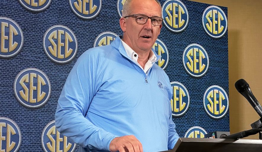 Southeastern Conference Commissioner Greg Sankey speaks to reporters during the conference's spring meetings, May 30, 2023, in Destin, Fla. (AP Photo/Ralph Russo, File)