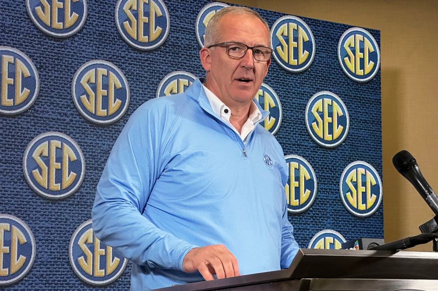 Southeastern Conference Commissioner Greg Sankey speaks to reporters during the conference's spring meetings, May 30, 2023, in Destin, Fla. (AP Photo/Ralph Russo, File)
