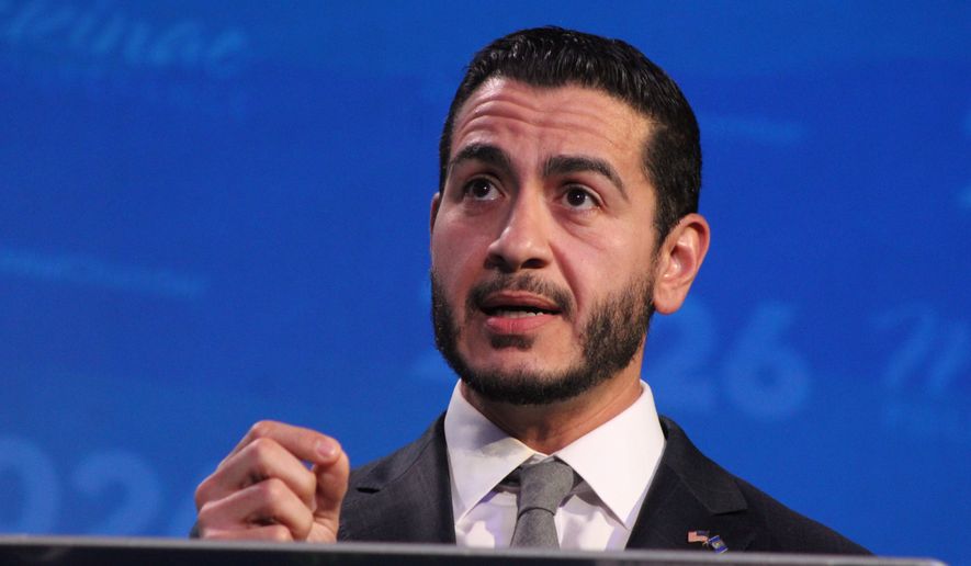 Former public health official Abdul El-Sayed speaks during a debate between the Michigan Democratic candidates running for U.S. Senate on Thursday, May 28, 2026 on Mackinac Island, Mich. (Danielle James/The Flint Journal via AP)
