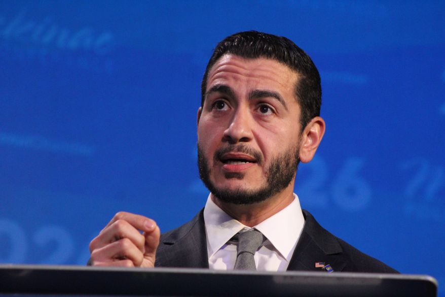 Former public health official Abdul El-Sayed speaks during a debate between the Michigan Democratic candidates running for U.S. Senate on Thursday, May 28, 2026 on Mackinac Island, Mich. (Danielle James/The Flint Journal via AP)