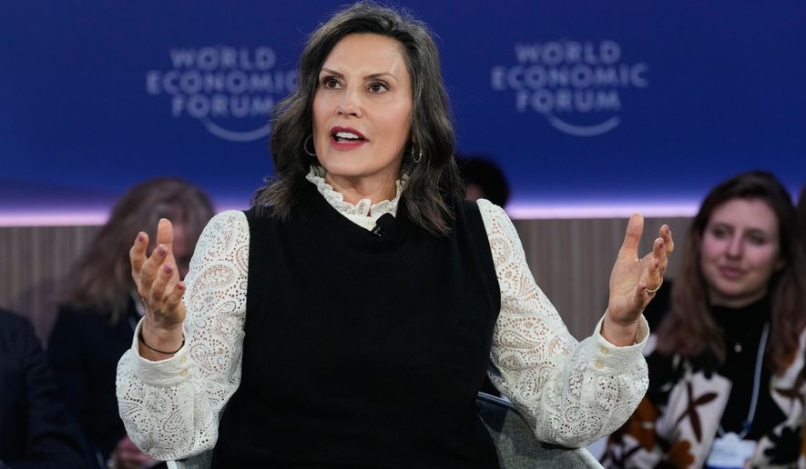 FILE - Michigan Gov. Gretchen Whitmer speaks during the Annual Meeting of the World Economic Forum in Davos, Switzerland, Jan. 21, 2026. (AP Photo/Markus Schreiber, File)