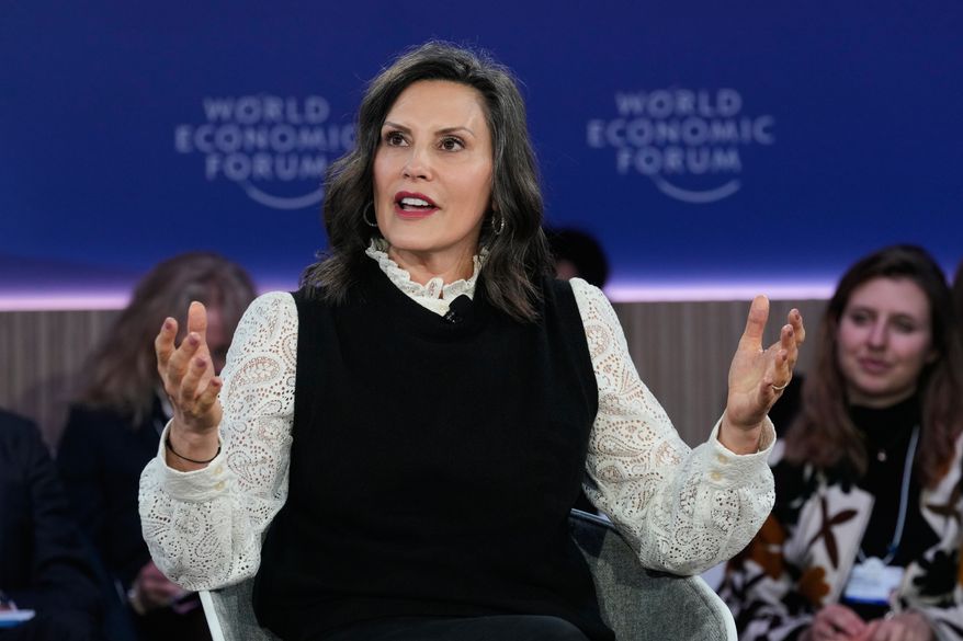 FILE - Michigan Gov. Gretchen Whitmer speaks during the Annual Meeting of the World Economic Forum in Davos, Switzerland, Jan. 21, 2026. (AP Photo/Markus Schreiber, File)