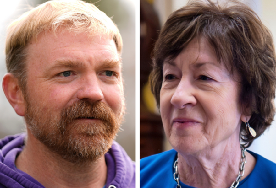This combination of photos shows Democratic candidate for U.S. Senate Graham Platner on Nov. 3, 2025, in Sullivan, Maine, and Sen. Susan Collins, R-Maine, on March 26, 2026, in Washington. (AP Photo)