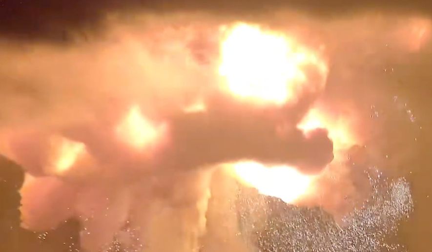 A Blue Origin New Glenn rocket explodes during an engine-firing test on Thursday, May 28, 2026, in Cape Canaveral, Fla. (@JConcilus via AP)