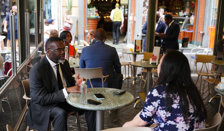 Chicago's Mayor Brandon Johnson attends an interview in a cafe in Rome Friday, May 29, 2026. (AP Photo/Alessandra Tarantino)