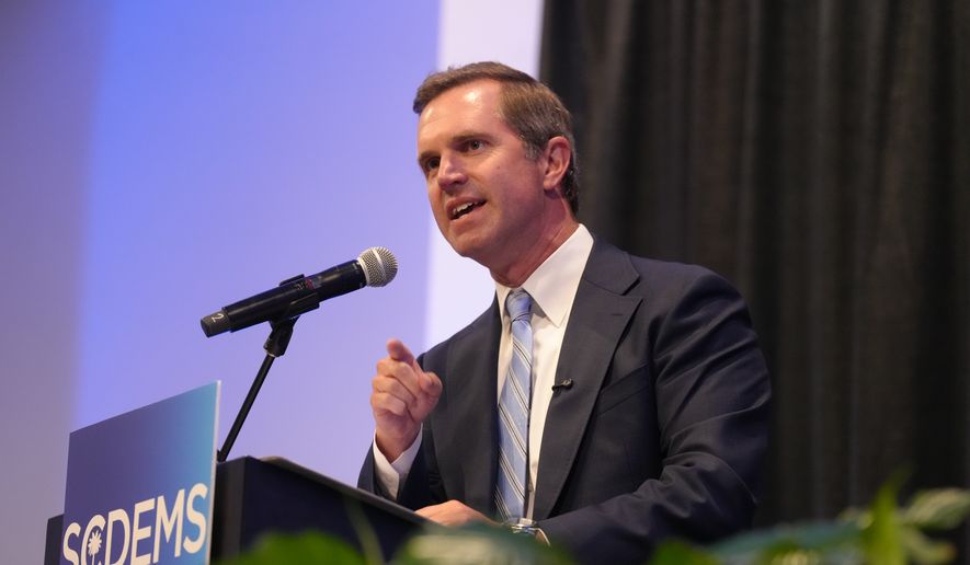 Democratic Gov. Andy Beshear of Kentucky speaks to attendees at the South Carolina Democratic Party's Blue Palmetto Dinner on Friday, May 29, 2026, in Columbia S.C. (AP Photo/Meg Kinnard) ** FILE **