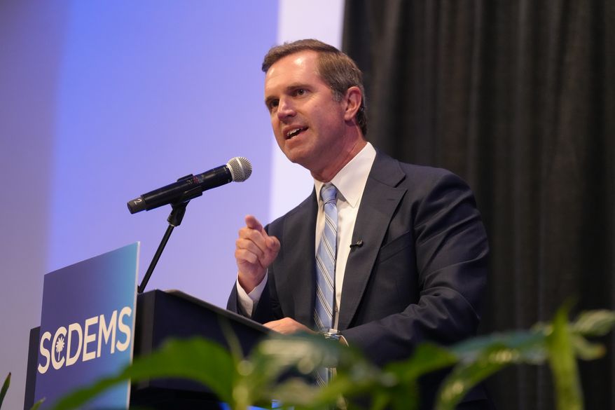Democratic Gov. Andy Beshear of Kentucky speaks to attendees at the South Carolina Democratic Party's Blue Palmetto Dinner on Friday, May 29, 2026, in Columbia S.C. (AP Photo/Meg Kinnard) ** FILE **