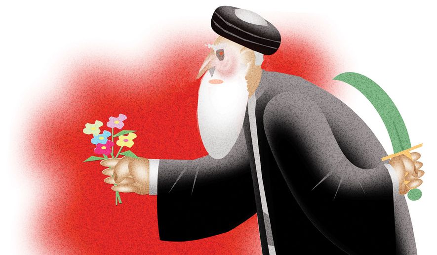 False promises from Iran's regime illustration by Alexander Hunter/The Washington Times