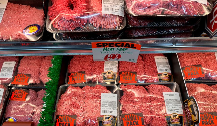 FILE - Beef is displayed for sale at a grocery store Wednesday, April 29, 2026, in Chicago. (AP Photo/Erin Hooley, File)