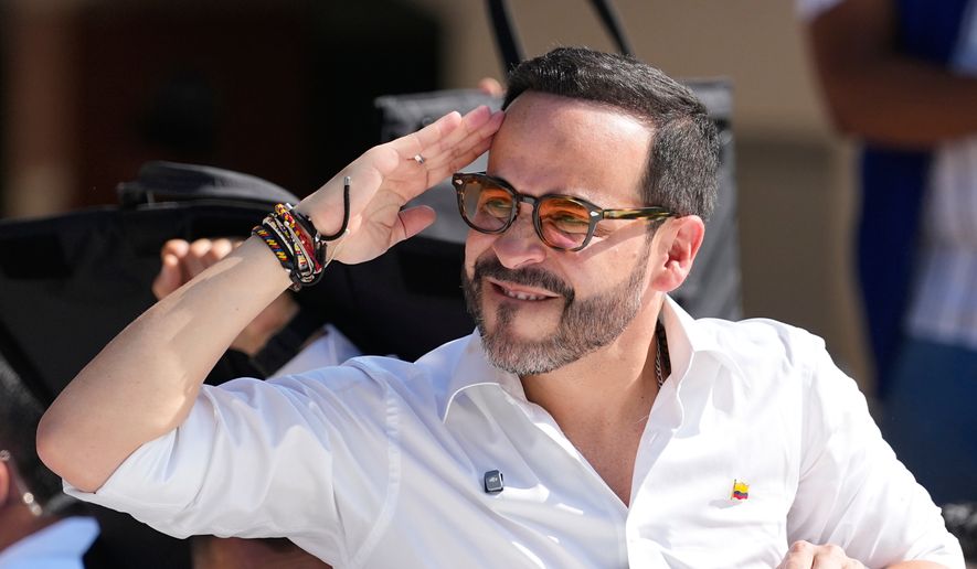 Presidential candidate Abelardo de la Espriella of the Defenders of the Motherland movement salutes after voting during the presidential election in Barranquilla, Colombia, Sunday, May 31, 2026. (AP Photo/Fernando Vergara)