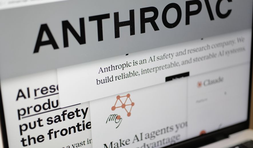 FILE - Pages from the Anthropic website and the company's logo are displayed on a computer screen in New York, Feb. 26, 2026. (AP Photo/Patrick Sison, File)