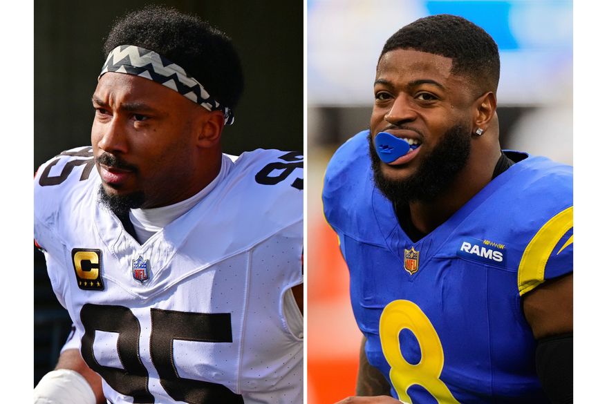 FILE - This photo combination shows Cleveland Browns defensive end Myles Garrett, left, in Cincinnati, Jan. 4, 2026, and Los Angeles Rams linebacker Jared Verse, Jan. 4, 2026, in Inglewood, Calif. (AP Photo/David Dermer, Mark J. Terrill)