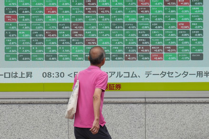 A person looks at an electronic stock board showing Japan's Nikkei index at a securities firm Tuesday, June 2, 2026, in Tokyo. (AP Photo/Eugene Hoshiko)