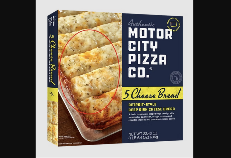 Motor City Pizza Co. 5 Cheese Bread has been recalled. The circled area shows where consumers can find the sell-by date. (Credit: Champion Foods)