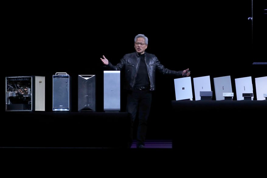 Nvidia CEO Jensen Huang delivers a speech during the Computex 2026 exhibition in Taipei, Taiwan, Monday, June 1, 2026. (AP Photo/Chiang Ying-ying)
