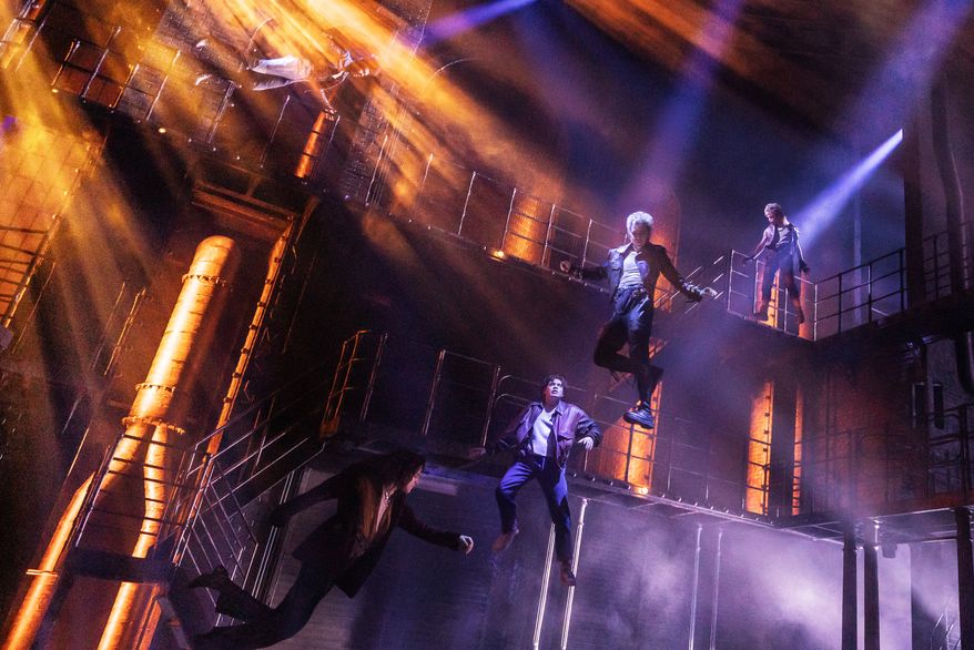 L.J. Benet, center, and Ali Louis Bourzgui, second right, appear with other cast members during a performance of "The Lost Boys" in New York on March 26, 2026. (Matthew Murphy via AP)