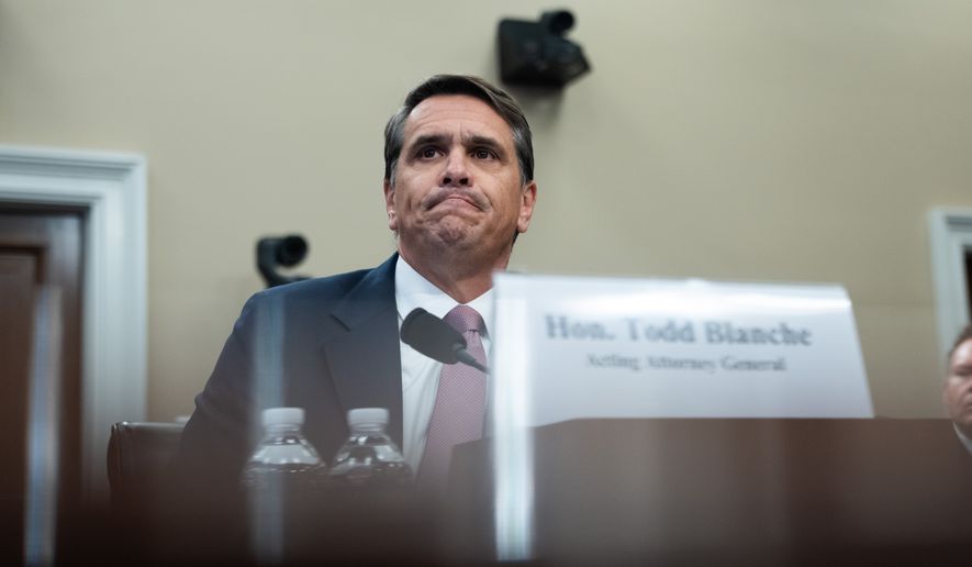 Acting Attorney General Todd Blanche testifies before the House Appropriations Committee, Tuesday, June 2, 2026 in Washington. (AP Photo/Allison Robbert)