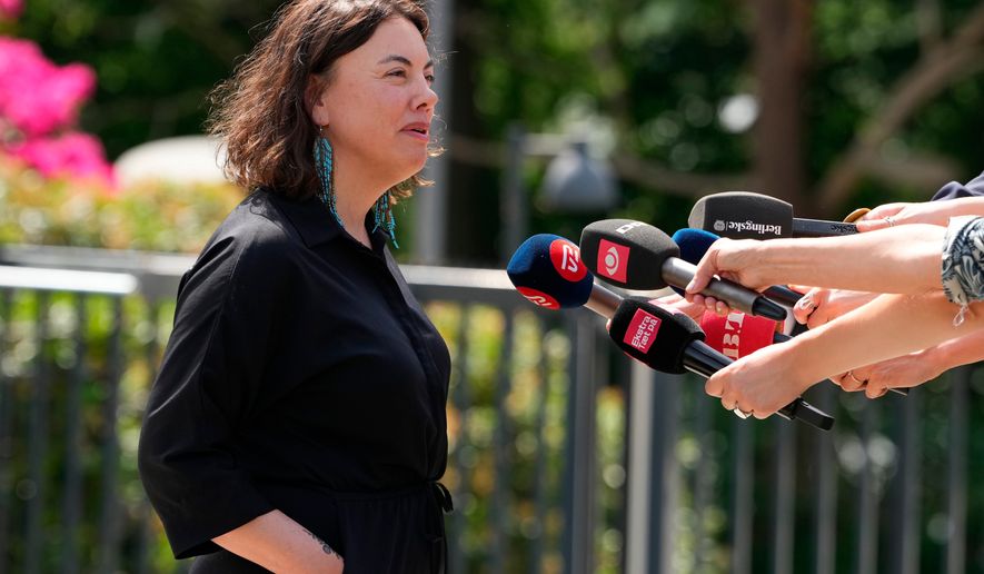 Naaja H. Nathanielsen of Greenlandic IA speaks to the media after a meeting with the four parties who announced they will form a Danish government, at the Prime Ministers residence Marienborg in Kgs. Lyngby, Denmark, Tuesday, June 2, 2026. (Nils Meilvang/Ritzau Scanpix via AP)