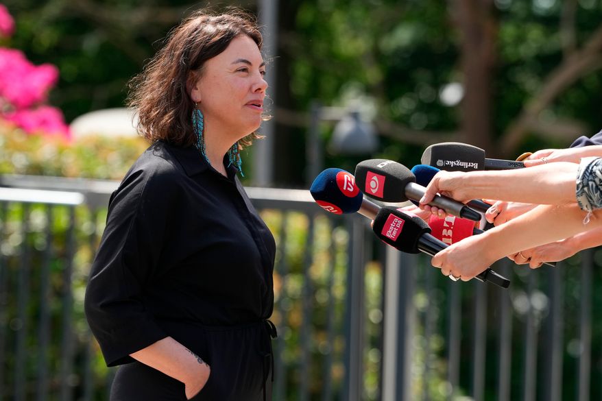 Naaja H. Nathanielsen of Greenlandic IA speaks to the media after a meeting with the four parties who announced they will form a Danish government, at the Prime Ministers residence Marienborg in Kgs. Lyngby, Denmark, Tuesday, June 2, 2026. (Nils Meilvang/Ritzau Scanpix via AP)