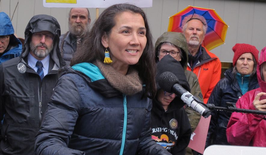 Alaska U.S. Senate candidate Mary Peltola, a Democrat, speaks during a campaign rally on May 14, 2026, in Juneau, Alaska. (AP Photo/Becky Bohrer, file)