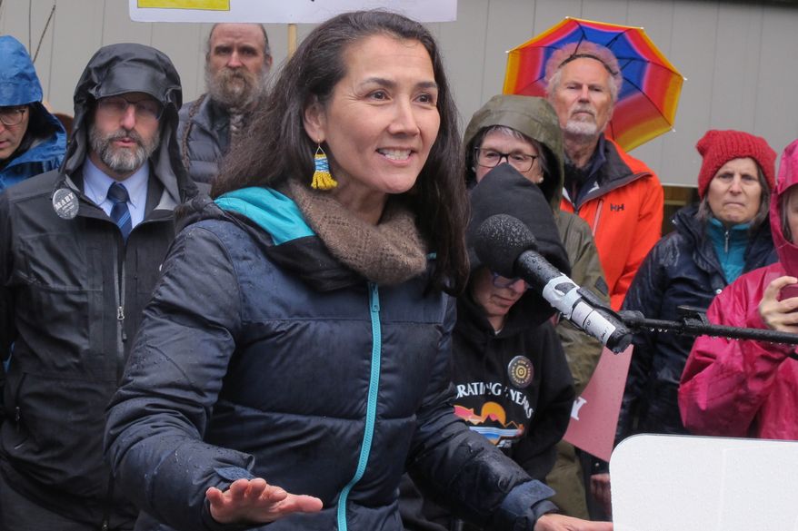 Alaska U.S. Senate candidate Mary Peltola, a Democrat, speaks during a campaign rally on May 14, 2026, in Juneau, Alaska. (AP Photo/Becky Bohrer, file)