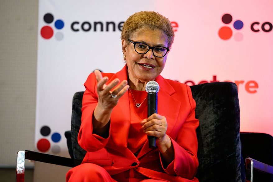 Los Angeles Mayor Karen Bass speaks at the Connect Los Angeles Conference on Thursday, May 28, 2026, in Los Angeles. (AP Photo/William Liang)