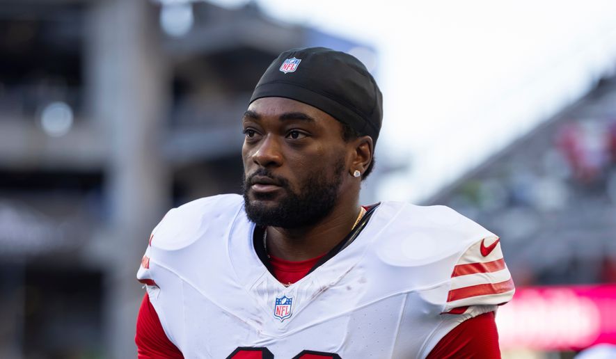 San Francisco 49ers wide receiver Brandon Aiyuk walks off the field before an NFL football game against the Seattle Seahawks in Seattle on Oct. 10, 2024. (AP Photo/Ben VanHouten) **FILE**