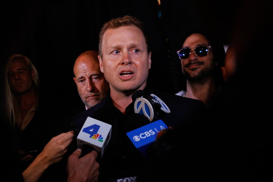 Spencer Pratt, a candidate in the Los Angeles mayoral race, fields interviews during an election night event Tuesday, June 2, 2026, in Los Angeles. (AP Photo/Jill Connelly)