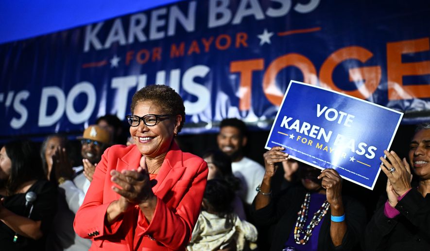 Los Angeles Mayor Karen Bass speaks during an election night event Tuesday, June 2, 2026, in Los Angeles. (AP Photo/William Liang)
