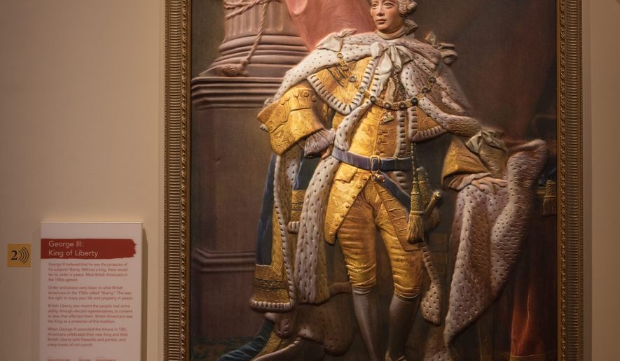This photo provided by the Museum of the American Revolution shows a 3D version of King George III’s coronation portrait in a gallery at the Museum of the American Revolution in Philadelphia. (Ardon Bar-Hama/Museum of the American Revolution via AP)