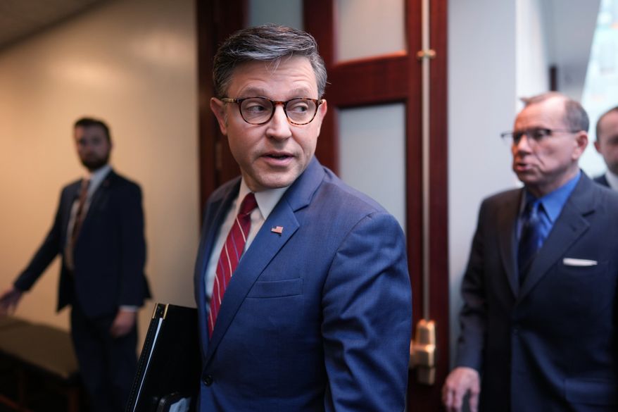 Speaker of the House Mike Johnson arrives for an early-morning meeting with fellow Republicans at the Capitol in Washington, Wednesday, June 3, 2026. (AP Photo/J. Scott Applewhite)
