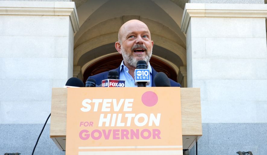 California Republican gubernatorial candidate Steve Hilton speaks to reporters outside the Capitol in Sacramento, Calif., Wednesday, June 3, 2026. (AP Photo/Rich Pedroncelli)