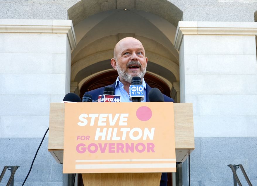 California Republican gubernatorial candidate Steve Hilton speaks to reporters outside the Capitol in Sacramento, Calif., Wednesday, June 3, 2026. (AP Photo/Rich Pedroncelli)