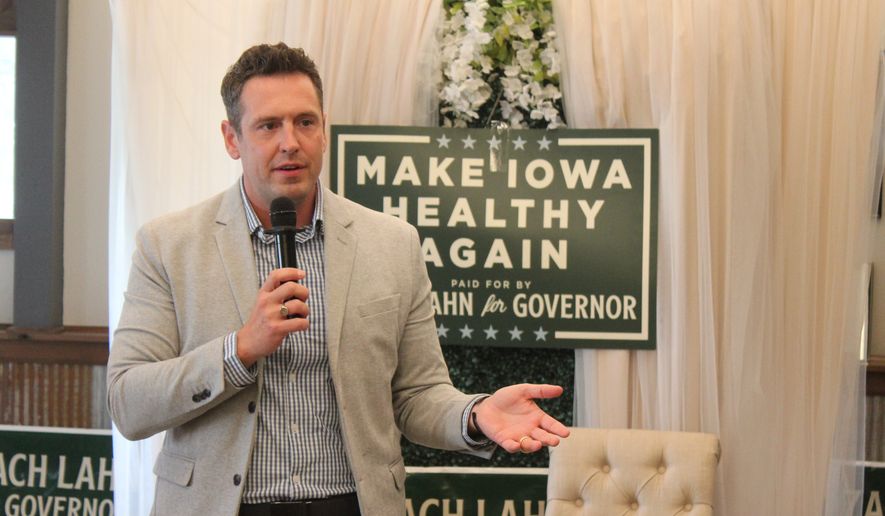 Zach Lahn, Republican candidate for Iowa governor, speaks during a campaign event Thursday, May 28, 2026, in Newton, Iowa. (Erin Murphy/The Gazette via AP)
