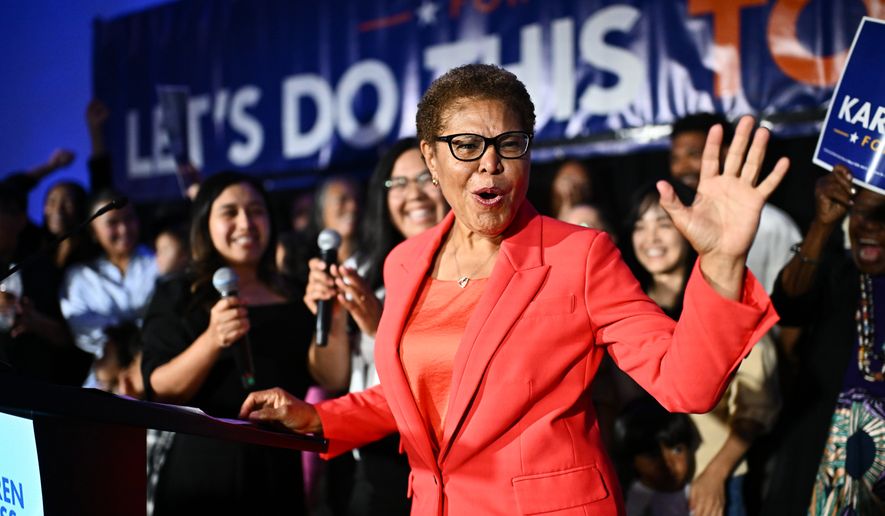 Los Angeles Mayor Karen Bass speaks during an election night event Tuesday, June 2, 2026, in Los Angeles. (AP Photo/William Liang)