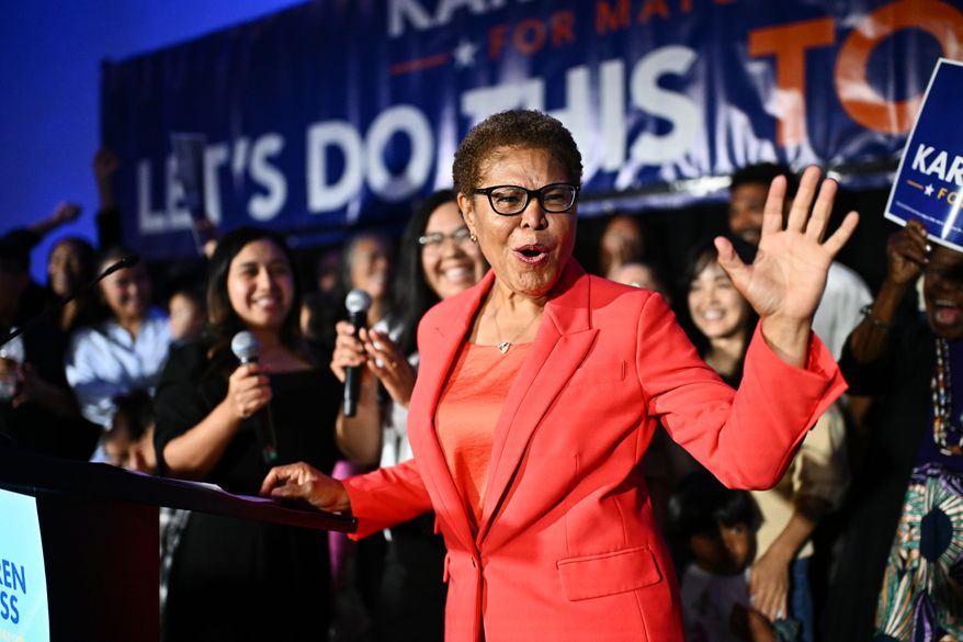 Los Angeles Mayor Karen Bass speaks during an election night event Tuesday, June 2, 2026, in Los Angeles. (AP Photo/William Liang)