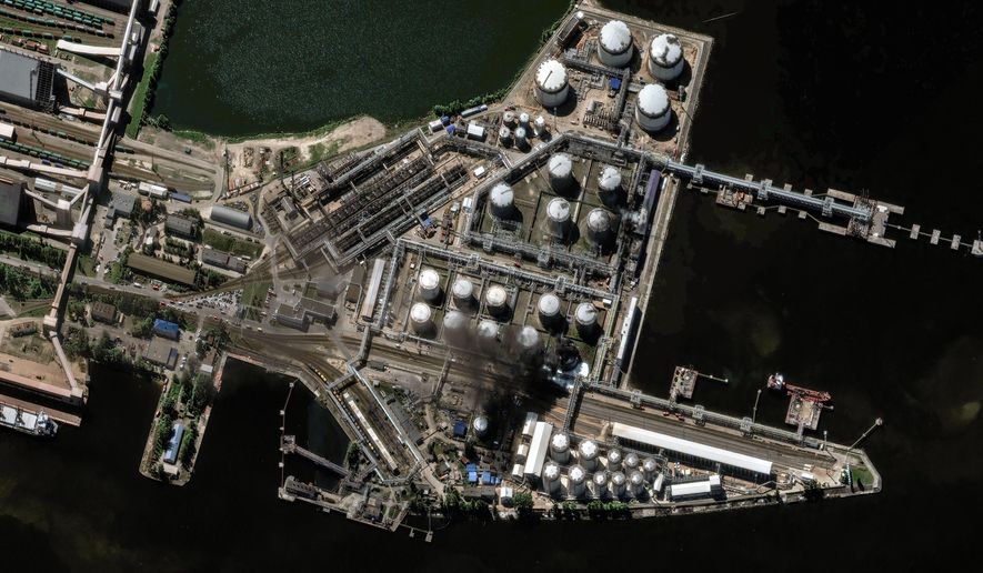 This satellite image provided by Vantor shows the aftermath of the reported drone attacks that struck an oil terminal in St. Petersburg, Russia, Wednesday, June 3, 2026. (Satellite image ©2026 Vantor via AP)