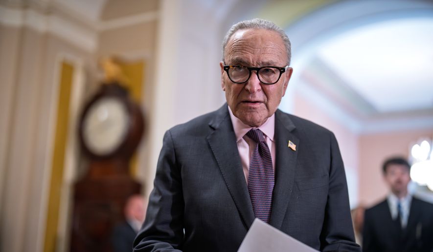 Senate Minority Leader Chuck Schumer, D-N.Y., talks to reporters about Democratic efforts to push back on President Donald Trump's policies, at the Capitol in Washington, Tuesday, June 2, 2026. (AP Photo/J. Scott Applewhite) ** FILE **