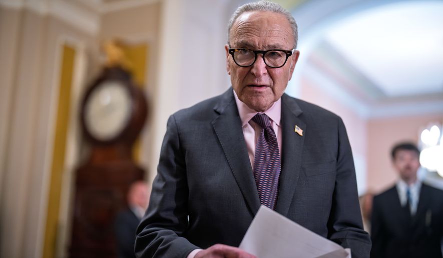 Senate Minority Leader Chuck Schumer, D-N.Y., talks to reporters about Democratic efforts to push back on President Donald Trump's policies, at the Capitol in Washington, Tuesday, June 2, 2026. (AP Photo/J. Scott Applewhite)