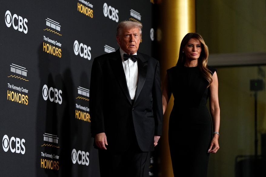 FILE - President Donald Trump and first lady Melania Trump, walk the red carpet before the 48th Kennedy Center Honors, Dec. 7, 2025, at the John F. Kennedy Center for the Performing Arts in Washington. (AP Photo/Julia Demaree Nikhinson, file)