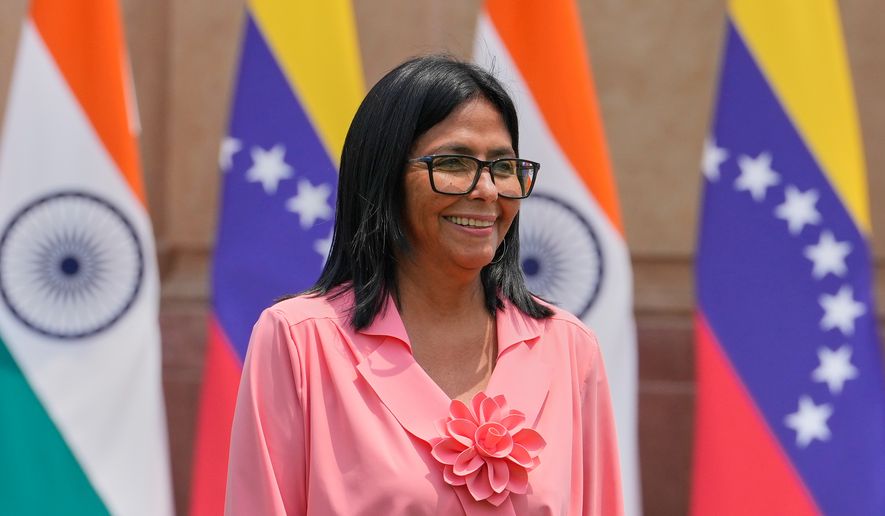Venezuela's acting President Delcy Rodriguez arrives for a meeting with Indian Prime Minister Narendra Modi in New Delhi, India, Thursday, June 4, 2026. (AP Photo/Manish Swarup)