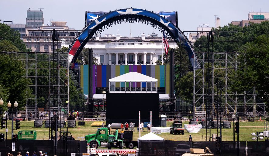 Workers continue building the cage for a future UFC fight on the South Lawn in front of the White House, Friday, June 5, 2026, in Washington. (AP Photo/Allison Robbert)