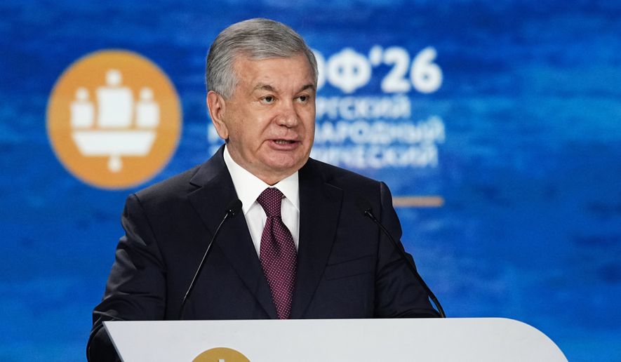 Uzbekistan's President Shavkat Mirziyoyev addresses a plenary session at the St. Petersburg International Economic Forum in St. Petersburg, Russia, on Friday, June 5, 2026. (AP Photo/Dmitri Lovetsky)
