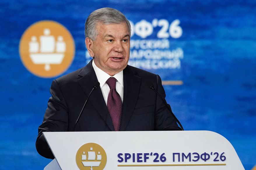 Uzbekistan's President Shavkat Mirziyoyev addresses a plenary session at the St. Petersburg International Economic Forum in St. Petersburg, Russia, on Friday, June 5, 2026. (AP Photo/Dmitri Lovetsky)
